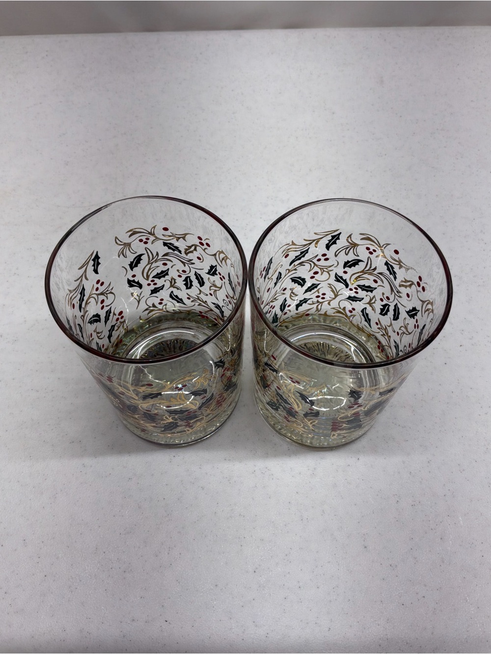 Culver 22K Gold MCM Holly Berry Double Rocks Glasses Signed Set of 2 - Picture 2 of 7